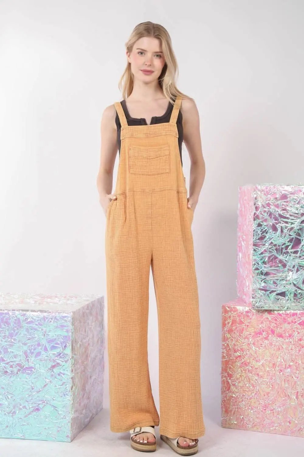 VERY J Texture Washed Wide Leg Overalls - Love Salve